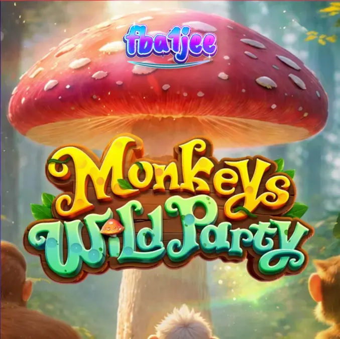 Tampilan visual permainan slot Monkeys Wild Party dengan tema hutan neon