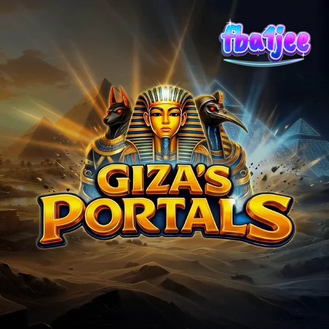 Tampilan visual slot Giza’s Portals dengan latar belakang kuil Mesir kuno dan simbol-simbol dewa.
